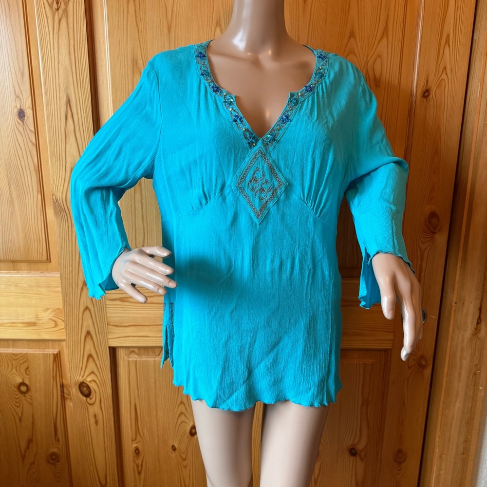 Vintage Y2K Babydoll Embroidered Bejeweled Blue Top Blouse Size M Fairy Grunge
